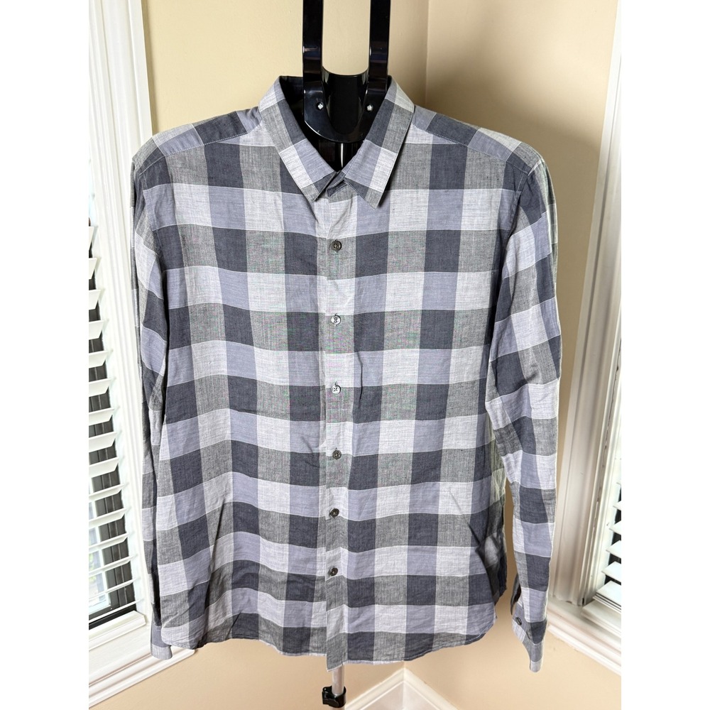 Theory Zack Grimball Mens Large Grey Buffalo Check Linen Cotton Button Down
